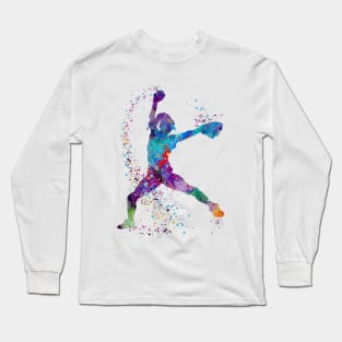 Girl Baseball Pitcher Colorful Watercolor Long Sleeve T-Shirt